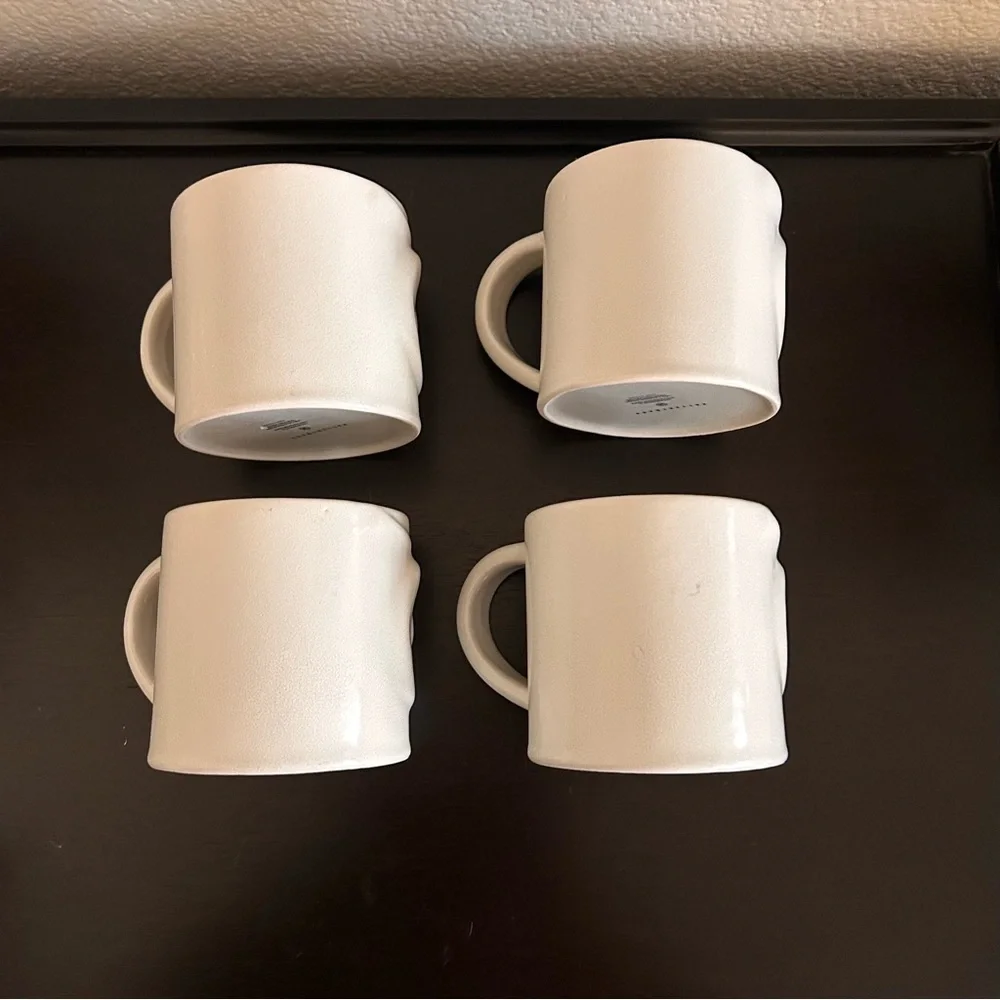 4 Pottery Barn Owl Shaped Stoneware Coffee Mugs Matte white wide eyes whimsical